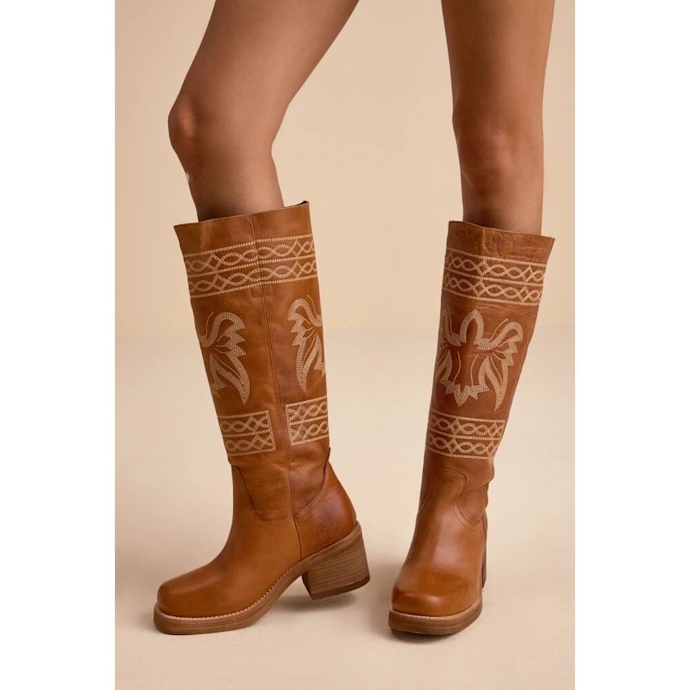 NEW Dingo Avalon Tan Leather Embroidered Knee-High Boots Size 9